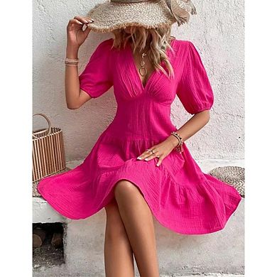 Women's Puff Sleeve Deep V Neck Tie Back Mini A Line Swing Dress