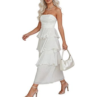 Women's Summer Strapless Boho Floral Maxi Dress Off Shoulder Tiered Wedding Guest Sundress