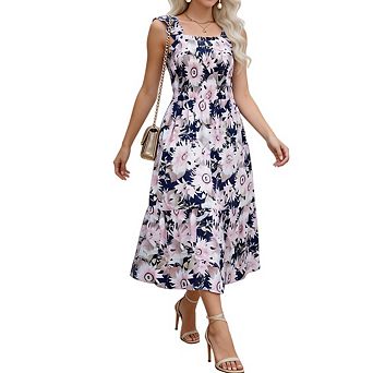 Women's Floral Boho Summer Dress Square Neck Strapped Swing A-Line Maxi Sundress