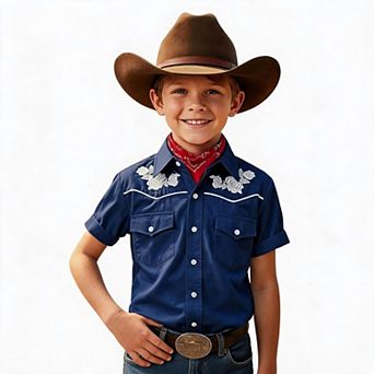 Boys Western Rose Embroidery Short Sleeve Shirt Cowgirl Yoke Piping Dual Chest Pocket Kids Button Do
