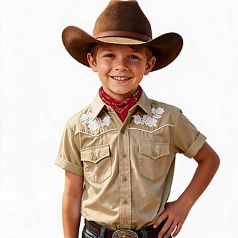 Boys Western Rose Embroidery Short Sleeve Shirt Cowgirl Yoke Piping Dual Chest Pocket Kids Button Do