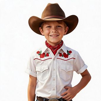 Boys Western Rose Embroidery Short Sleeve Shirt Cowgirl Yoke Piping Dual Chest Pocket Kids Button Do