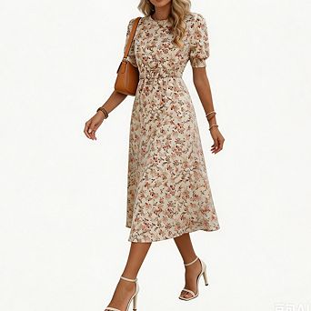Women's Floral Print Short Sleeve A-Line Midi Dress Flowy Casual Beach T-Shirt Sundress