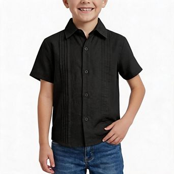 Boys Pleated Front Short Sleeve Button Down Shirt Cuban Collar Blend Kids Formal Casual Dress Tops