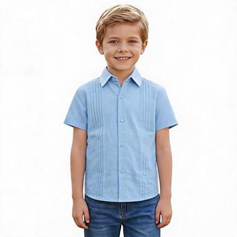 Boys Pleated Front Short Sleeve Button Down Shirt Cuban Collar Blend Kids Formal Casual Dress Tops