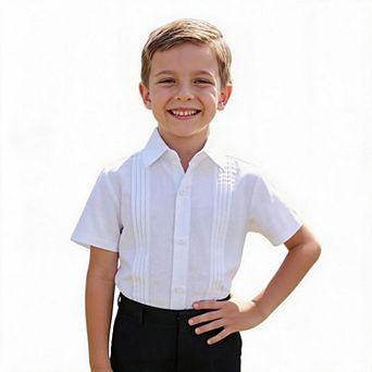 Boys Pleated Front Short Sleeve Button Down Shirt Cuban Collar Blend Kids Formal Casual Dress Tops