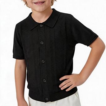 Boys Vertical Ribbed Knit Shirt Lapel Button Front Short Sleeve Casual Kids Cardigan Top