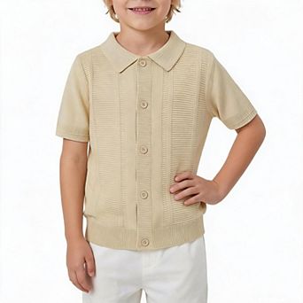 Boys Vertical Ribbed Knit Shirt Lapel Button Front Short Sleeve Casual Kids Cardigan Top