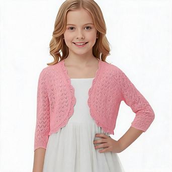 Girls Crochet Knit Shrug Cardigan 3/4 Sleeve Scalloped Edge Open Front Bolero Cover Up