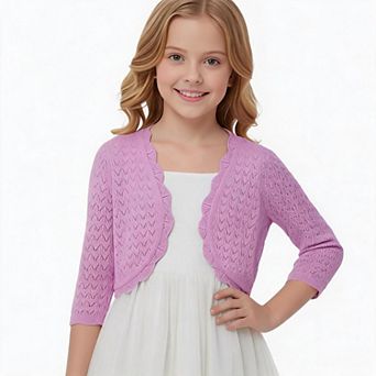 Girls Crochet Knit Shrug Cardigan 3/4 Sleeve Scalloped Edge Open Front Bolero Cover Up