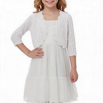 Girls Crochet Knit Shrug Cardigan 3/4 Sleeve Scalloped Edge Open Front Bolero Cover Up
