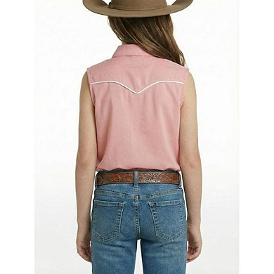 Girls Western Sleeveless Embroidered Shirt Collared Blouse Button Front Tank Tops