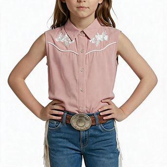 Girls Western Sleeveless Button Down Shirt Floral Embroidery Country Cowgirl Blouse Top