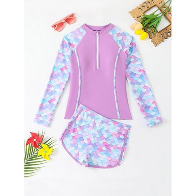 Girls Scale 2 Piece Rash Guard Set Long Sleeve Zip Front Swim Top with Swim Shorts