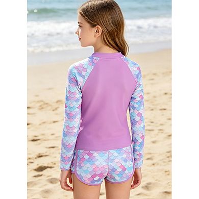 Girls Scale 2 Piece Rash Guard Set Long Sleeve Zip Front Swim Top with Swim Shorts