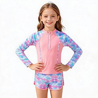 Girls Scale 2 pc Rash Guard Set Long Sleeve Zip Front Swim Top with Swim Shorts