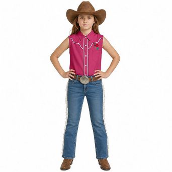 Girls Western Sleeveless Rose Embroidered Piping Button Down Cowboy Shirt