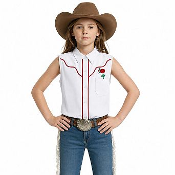 Girls Western Sleeveless Rose Embroidered Piping Button Down Cowboy Shirt