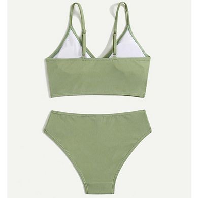 Girls Ribbed 2 Piece Bikini Set V Neck Spaghetti Straps Adjustable Swimwear for Pool Beach
