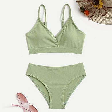 Girls Ribbed 2 Piece Bikini Set V Neck Spaghetti Straps Adjustable Swimwear for Pool Beach
