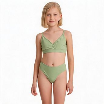 Girls Ribbed 2 pc Bikini Set V Neck Spaghetti Straps Adjustable Swimwear for Pool Beach