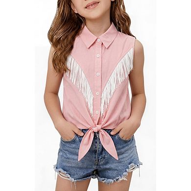 Girls Western Sleeveless Shirt Collared Cropped Blouse Button Front Tassel Tops