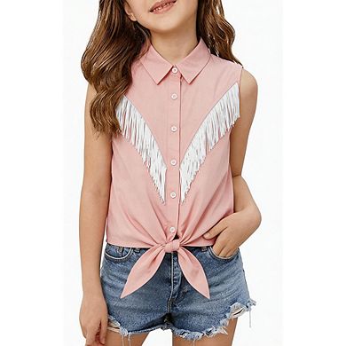 Girls Western Sleeveless Shirt Collared Cropped Blouse Button Front Tassel Tops