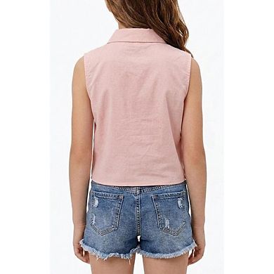 Girls Western Sleeveless Shirt Collared Cropped Blouse Button Front Tassel Tops