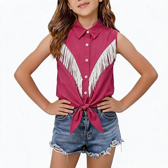 Girls Western Fringe Sleeveless Button Down Shirt Tie Hem Cowgirl Country Casual Blouse Top