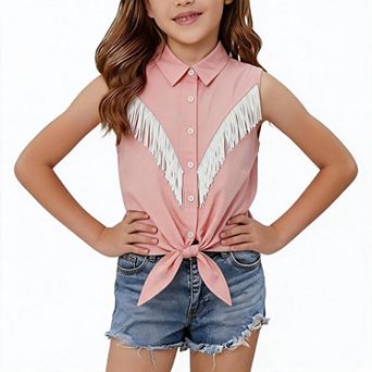 Girls Western Fringe Sleeveless Button Down Shirt Tie Hem Cowgirl Country Casual Blouse Top