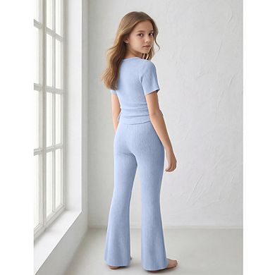 Girls Ribbed Knit 2 Piece Outfit Drawstring Crop Top Bell Pants Set