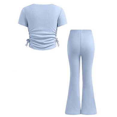 Girls Ribbed Knit 2 Piece Outfit Drawstring Crop Top Bell Pants Set