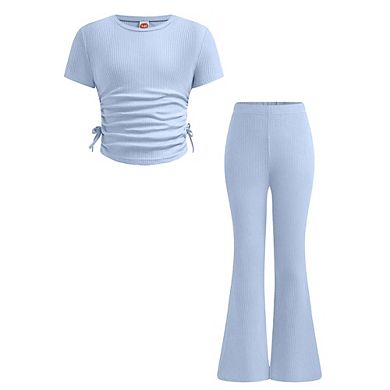 Girls Ribbed Knit 2 Piece Outfit Drawstring Crop Top Bell Pants Set