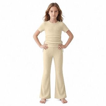 Girls Ribbed Knit 2 pc Outfit Drawstring Crop Top Bell Pants Set