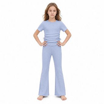 Girls Ribbed Knit 2 pc Outfit Drawstring Crop Top Bell Pants Set