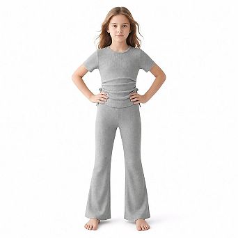 Girls Ribbed Knit 2 pc Outfit Drawstring Crop Top Bell Pants Set