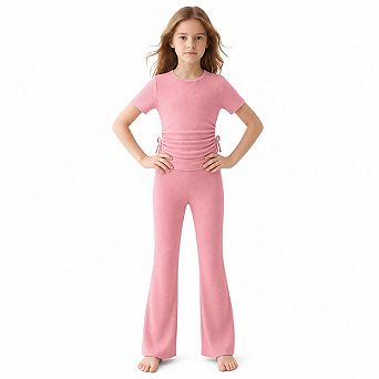 Girls Ribbed Knit 2 pc Outfit Drawstring Crop Top Bell Pants Set