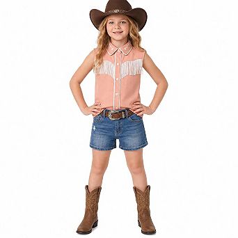 Girls Western Sleeveless Fringe Embroidered Button Down Cowboy Shirt Top