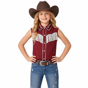 Girls Western Sleeveless Fringe Embroidered Button Down Cowboy Shirt Top