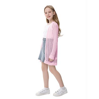 Girls Long Sleeve Open Front Hollow Knit Cover Up Cardigan Sweater
