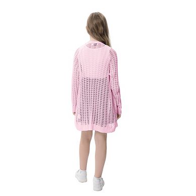 Girls Long Sleeve Open Front Hollow Knit Cover Up Cardigan Sweater