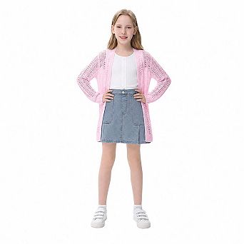 Girls Long Sleeve Open Front Hollow Knit Cover Up Cardigan Sweater