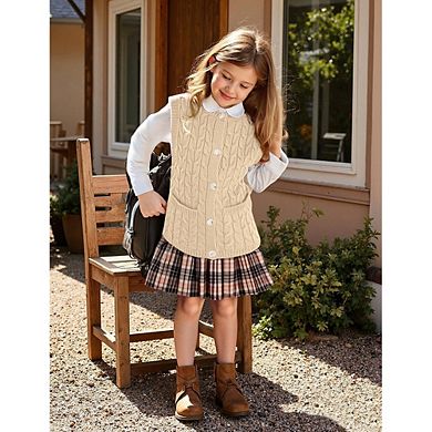 Girls Cable Knit Sleeveless Button Front Sweater Vest with Pockets