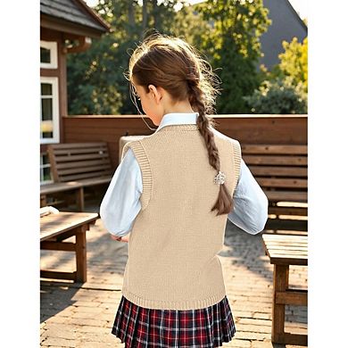 Girls Cable Knit Sleeveless Button Front Sweater Vest with Pockets