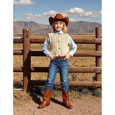 Girls Cable Knit Sleeveless Button Front Sweater Vest with Pockets