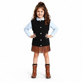 Girls Cable Knit Sleeveless Button Front Sweater Vest with Pockets