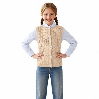 Girls Cable Knit Sleeveless Button Front Sweater Vest with Pockets