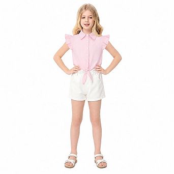 Girls Western Shirts Cute Ruffle Sleeve Outfits Summer Collared Blouse Tie Front Crop Tops