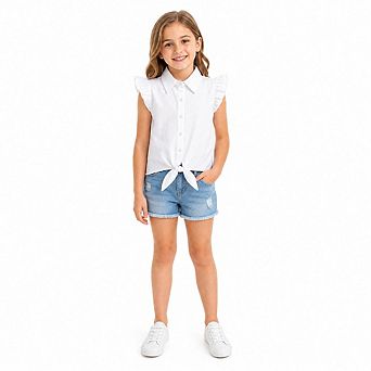 Girls Ruffle Cap Sleeve Tie Front Button Down Plaid Solid Blouse Shirt