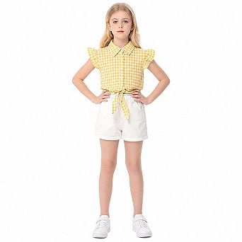 Girls Ruffle Cap Sleeve Tie Front Button Down Plaid Solid Blouse Shirt